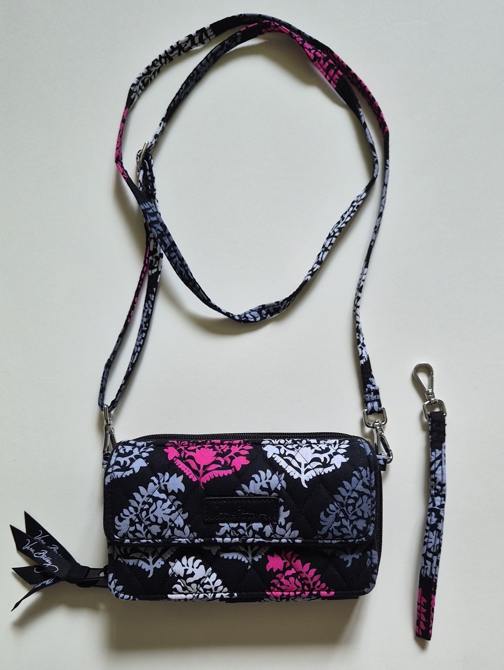 Vera Bradley Patterned Black & Pink Crossbody Wallet/ Wristlet